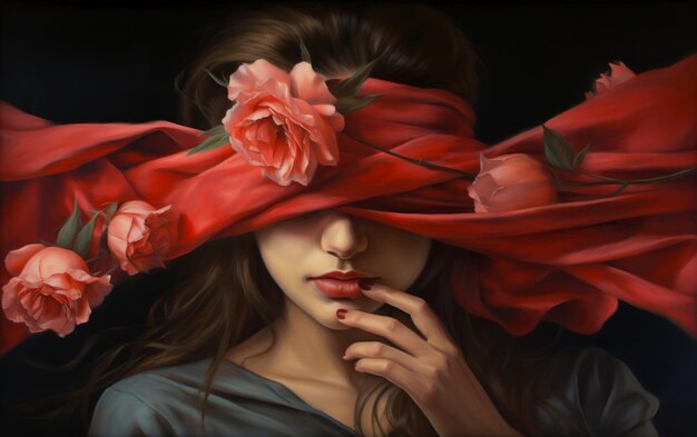 Floral Woman with Silk Blindfold and Bandana Ribbons black background Generative AI