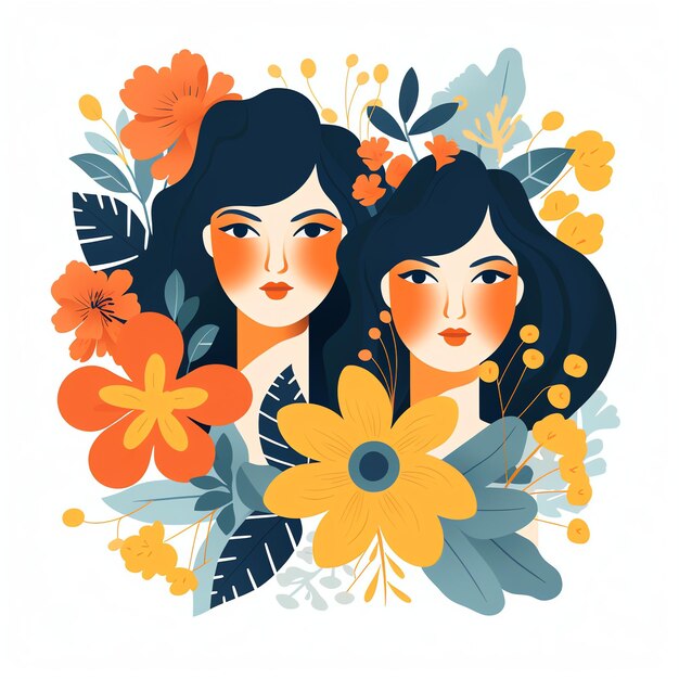 Foto donne floreali con fiori in illustrazione in stile piatto donna giorno forte donna donna giorno dell'uguaglianza