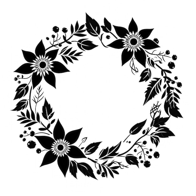 Photo floral wreath black logo clipart on white background generative ai