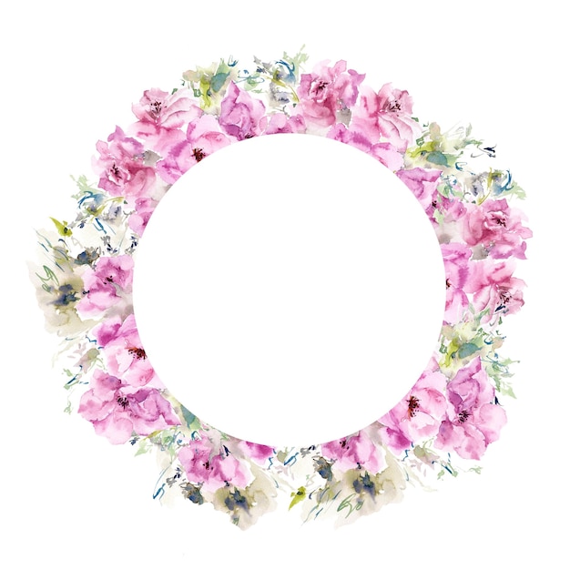 Floral wreath Round floral frame Wedding invitation design Watercolor peony flowers Greeting card