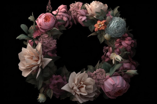 A floral wreath with a black background.