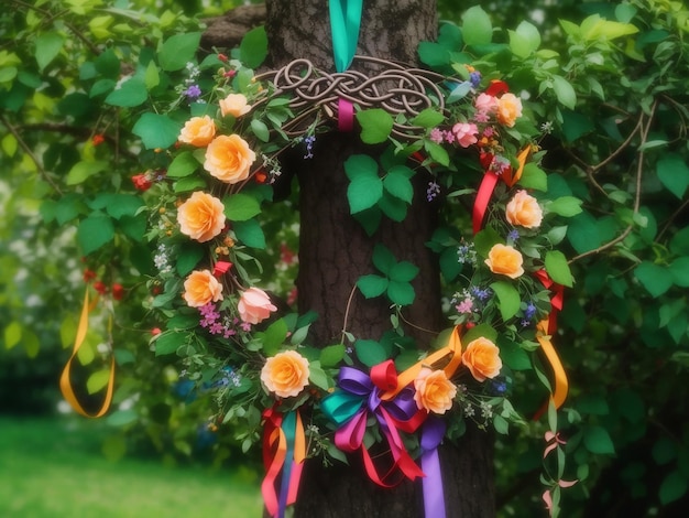 Floral wreath with colorful ribbons on tree in garden Generative Ai