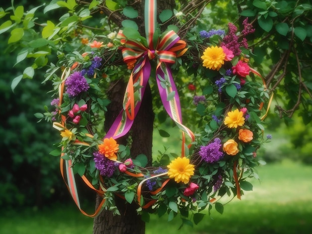 Floral wreath with colorful ribbons on tree in garden Generative Ai