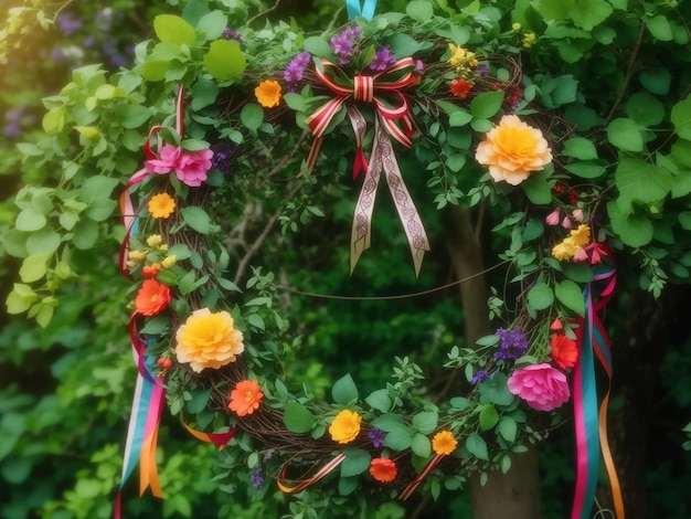 Floral wreath with colorful ribbons on tree in garden Generative Ai