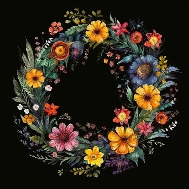 A floral wreath with a flower wreath on a black background.