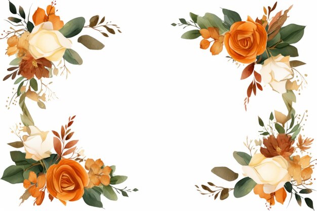 Photo floral wreath with orange roses and leaves on a white background