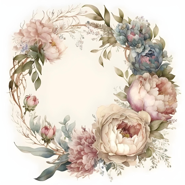 A floral wreath with peonies and roses.