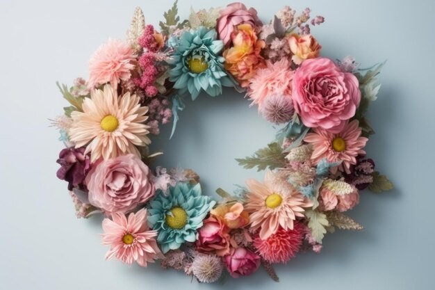 A floral wreath with a pink and blue floral wreath.