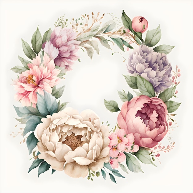 A floral wreath with a pink and blue flower wreath.