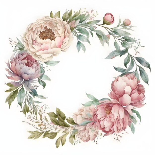 A floral wreath with pink and blue flowers.