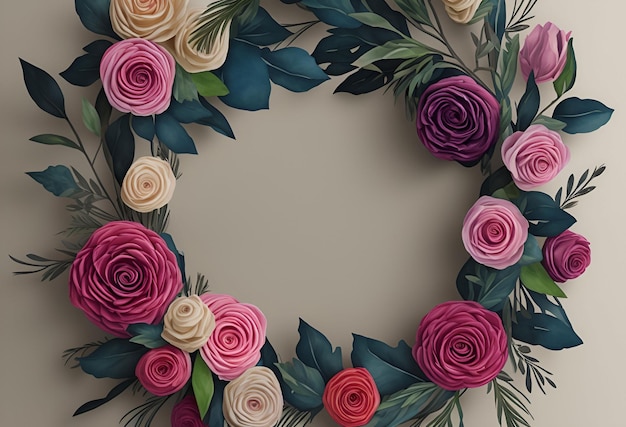 A floral wreath with pink and red flowers on a beige background.