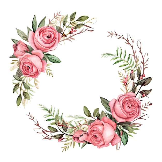 floral wreath with pink roses and green leaves illustration in the style of soft watercolours