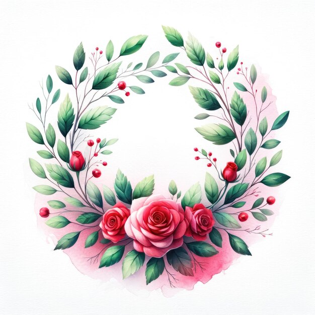 Photo floral wreath with red roses and green leaves isolated on white background