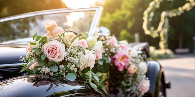 A floraldecorated wedding car cruises along the road with elegance and charm