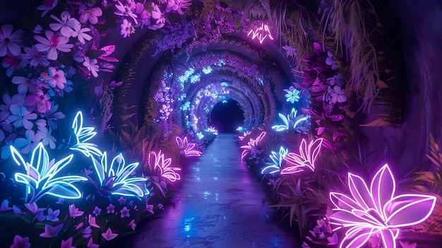 Florale decoratieve tunnel met neonverlichting