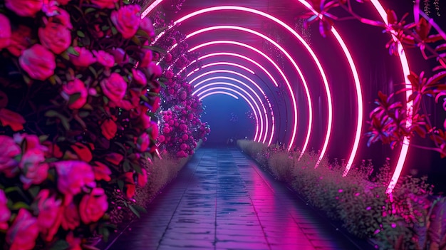 Foto florale decoratieve tunnel met neonverlichting