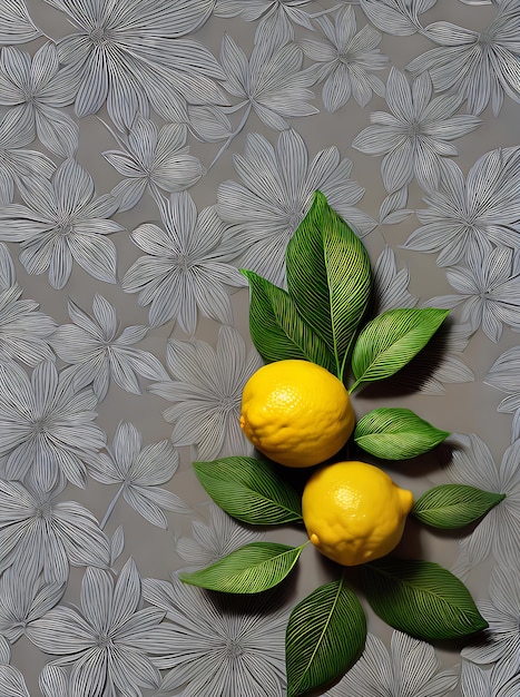 Floralpainted backdrop featuring vibrant lemons and leaves in papercut style with an appealing duotone color scheme Generative AI Generated