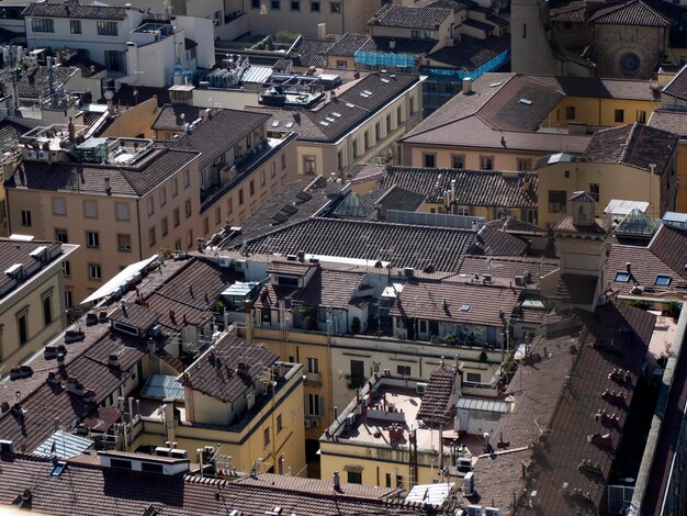 Florence Aerial view cityscape from giotto tower detail near Cathedral Santa Maria dei Fiori Brunelleschi Dome Italy