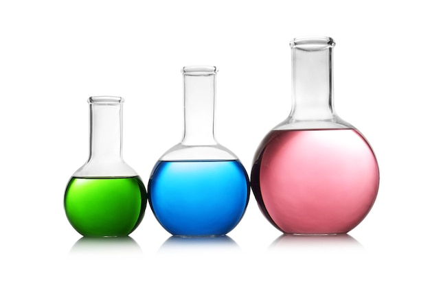 Florence flasks with color liquid isolated on white Solution chemistry