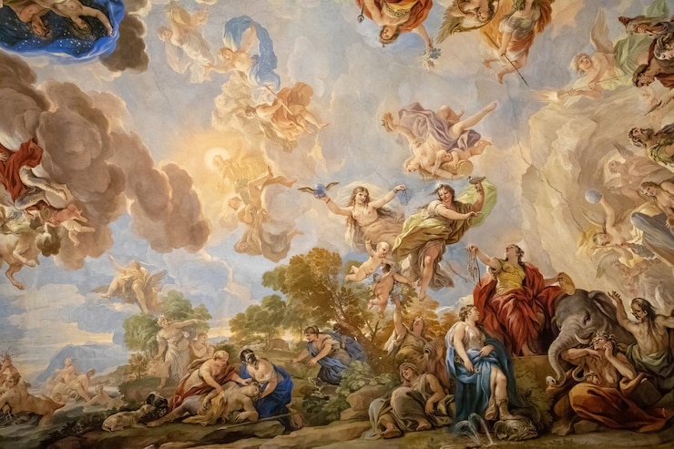 Foto florence, italië - 25 juni 2018: panoramisch uitzicht op het plafond interieur van palazzo medici, ook wel palazzo medici riccardi genoemd. het is een paleis uit de renaissance in florence