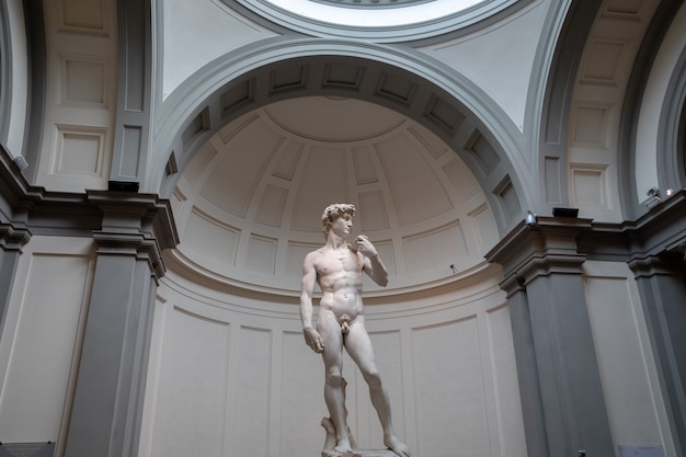 Florence, Italy - June 24, 2018: Closeup of Renaissance sculpture is David by Michelangelo, created in between 1501 and 1504 in Academy of fine arts of Florence (Accademia di Belle Arti di Firenze)