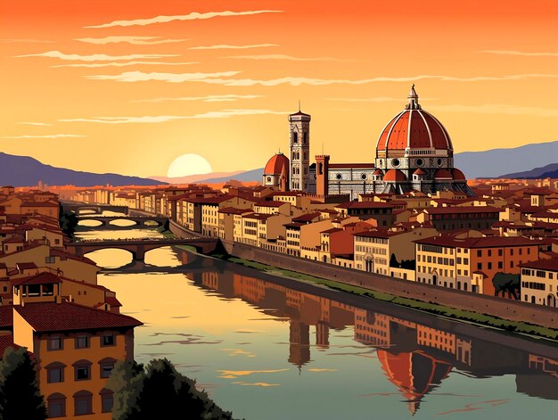 Florence skyline at sunset with Duomo and Ponte Vecchio ItalyAI Generated