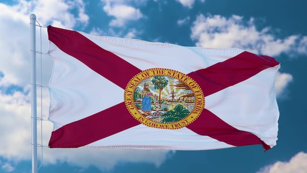 Florida flag on a flagpole waving in the wind in the sky State of Florida in The United States of America 3d illustration