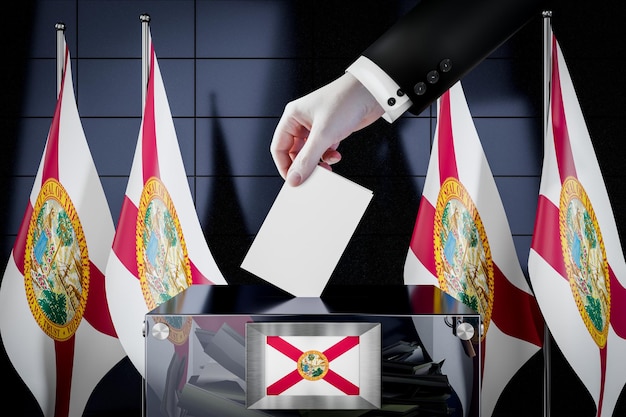플로리다 플래그는 상자 투표 선거 개념 3D 그림에 투표 카드를 손으로 떨어뜨립니다.