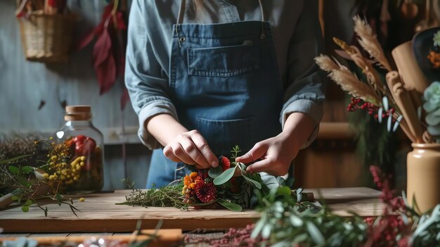 写真 仕事中の花屋青いエプロンを着た若い女性が木製のテーブルに花を並べています