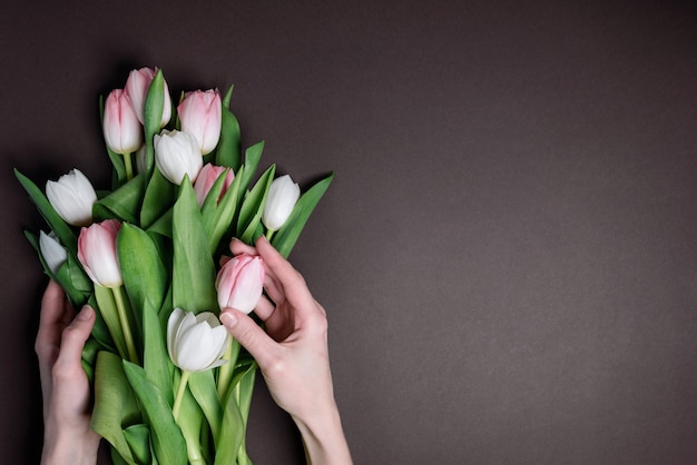 Florist collects a spring bouquet of tender tulips