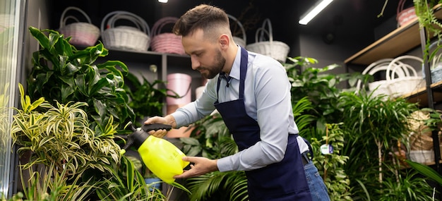 Florist entrepreneur caring for flowers in his store in anticipation of big sales on valentines day