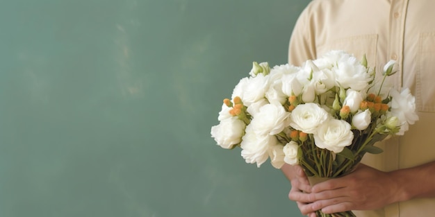 Florist or gardener holding bunch of white flowers in hands copy space