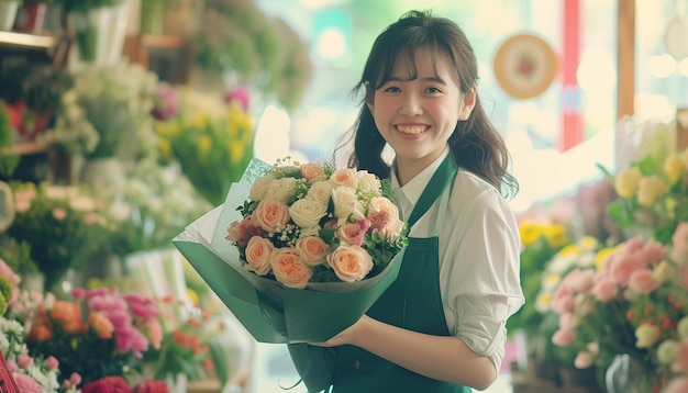 Цветочная девушка держит букет цветов