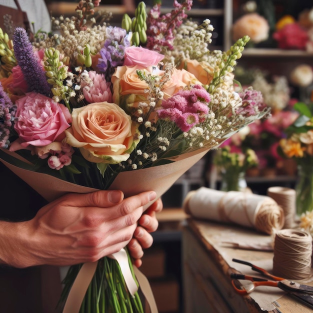 Florist hands close up with a flower shop with a bouquet of flowers ai generative