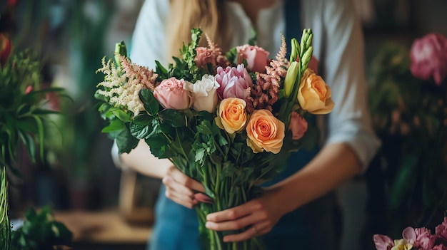 A florist holds a beautiful bouquet of flowers in a flower shop | Premium  AI-generated image