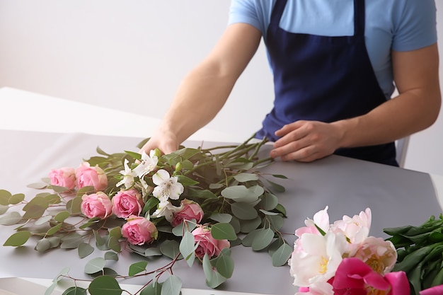 Florist making bouquet at table against light surface