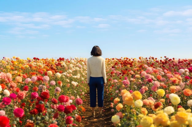 く花の畑の前に立っている花屋