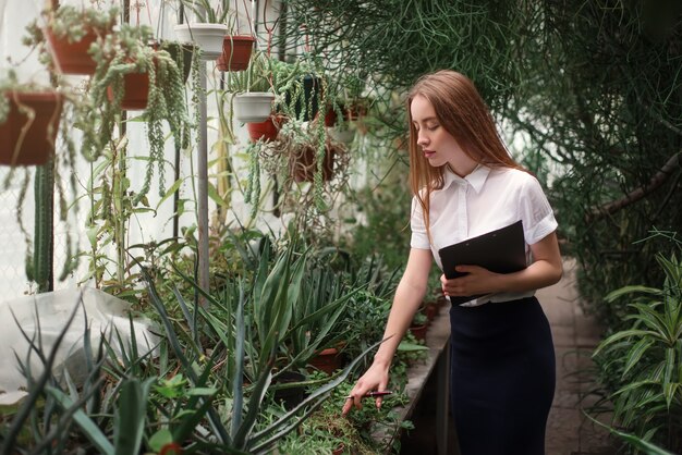 写真 花屋は温室で家の花の世話をします