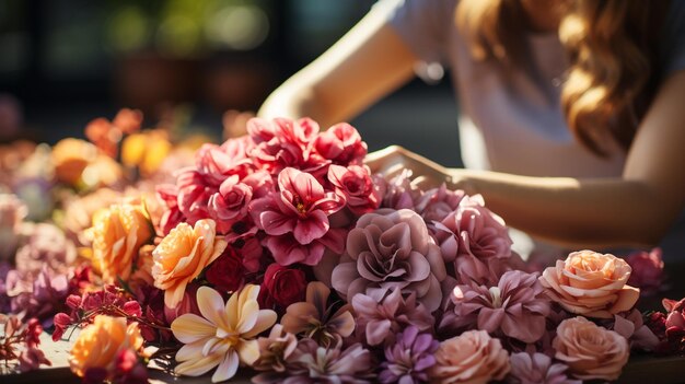 Foto fiorista che lavora su un bouquet con bellissimi fiori nel negozio