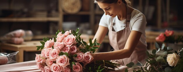 花屋は花屋で花束を包装紙で包む 緑の植物店