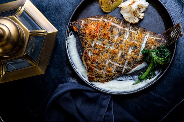 Flounder fillet roasted in a skillet with herbs and lemon