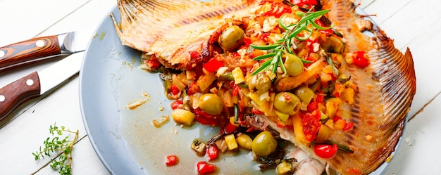 가자미 또는 가자미를 야채와 함께 구운 것. 야채 속을 채운 생선 튀김. 맛있는 생선 구이