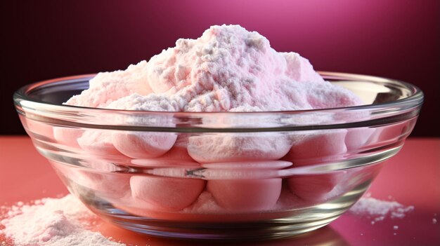 Flour in a glass bowl on a pink background