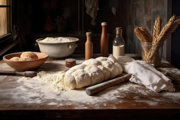 flour rolling pin and dough on a kitchen counter created with generative ai