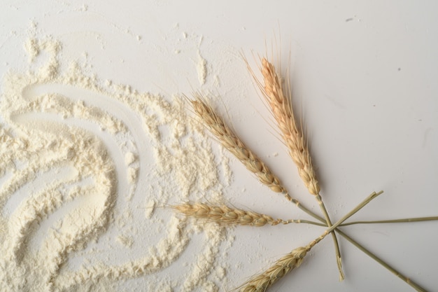 Flour, wheat, rice, raisins and coins on a white background