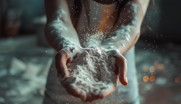 Flour in the womans hands Selective focus Toned