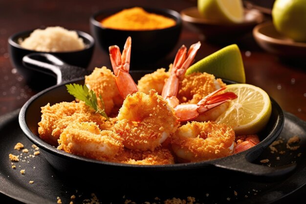 Floured fried shrimp ready to serve in the kitchen table professional advertising food photography