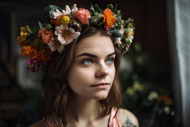 Flourish of floral crown on girls head contrasting with her face