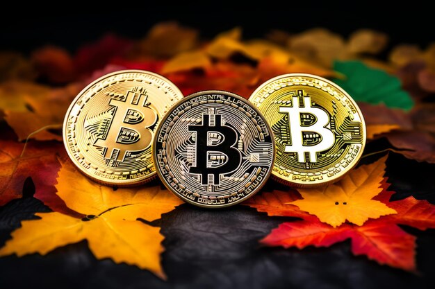 Flourishing bitcoin symbolic value amidst autumn's vibrant palette