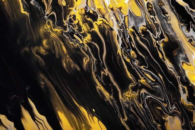 Flow of black and yellow paint. Marble effect background or texture. Fluid Art.